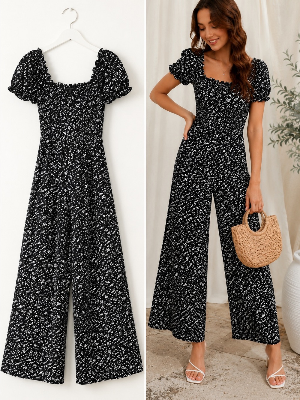 TRIXXI Black Floral Wide Leg Jumpsuit Puff Sleeve Smocked Back S